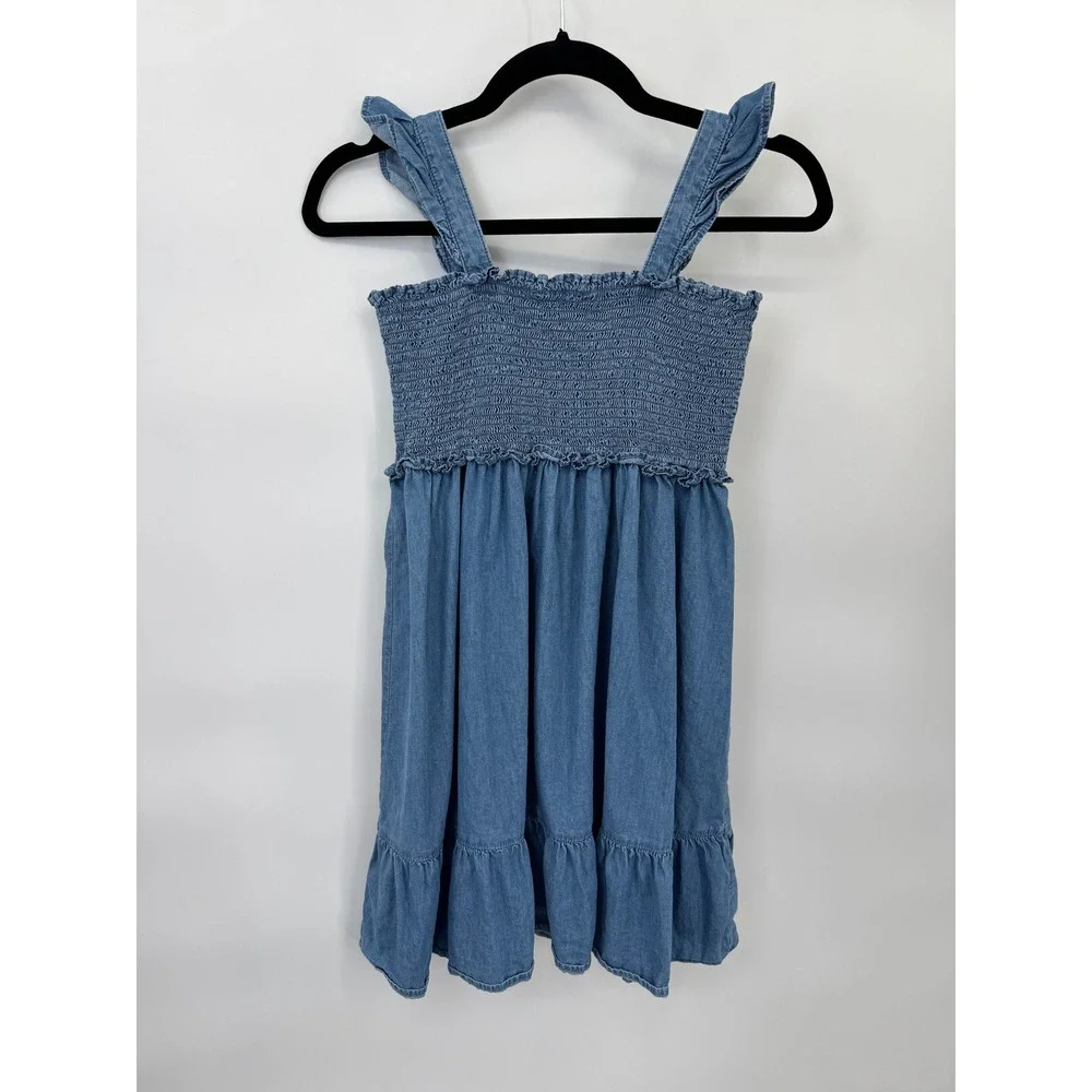 Janie and Jack Girls Blue Cotton Smocked Chambray Ruffle Dress Size 14
